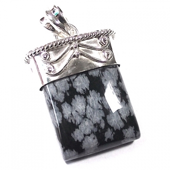 Vintage style snow flake obsidian pure silver pendant
